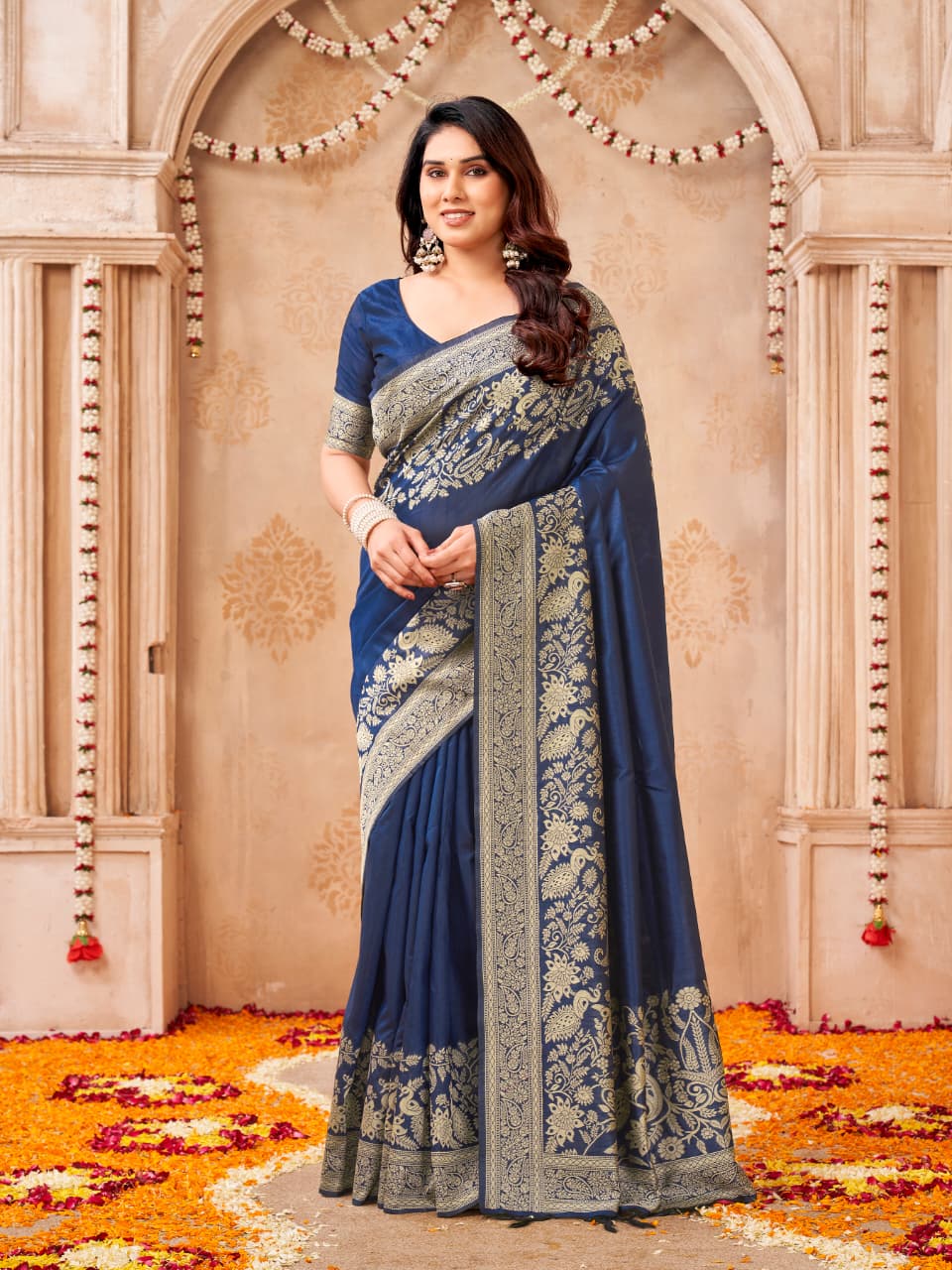 Bangalori Handloom Raw Silk Saree with Intricate Peacock & Jal Weaves