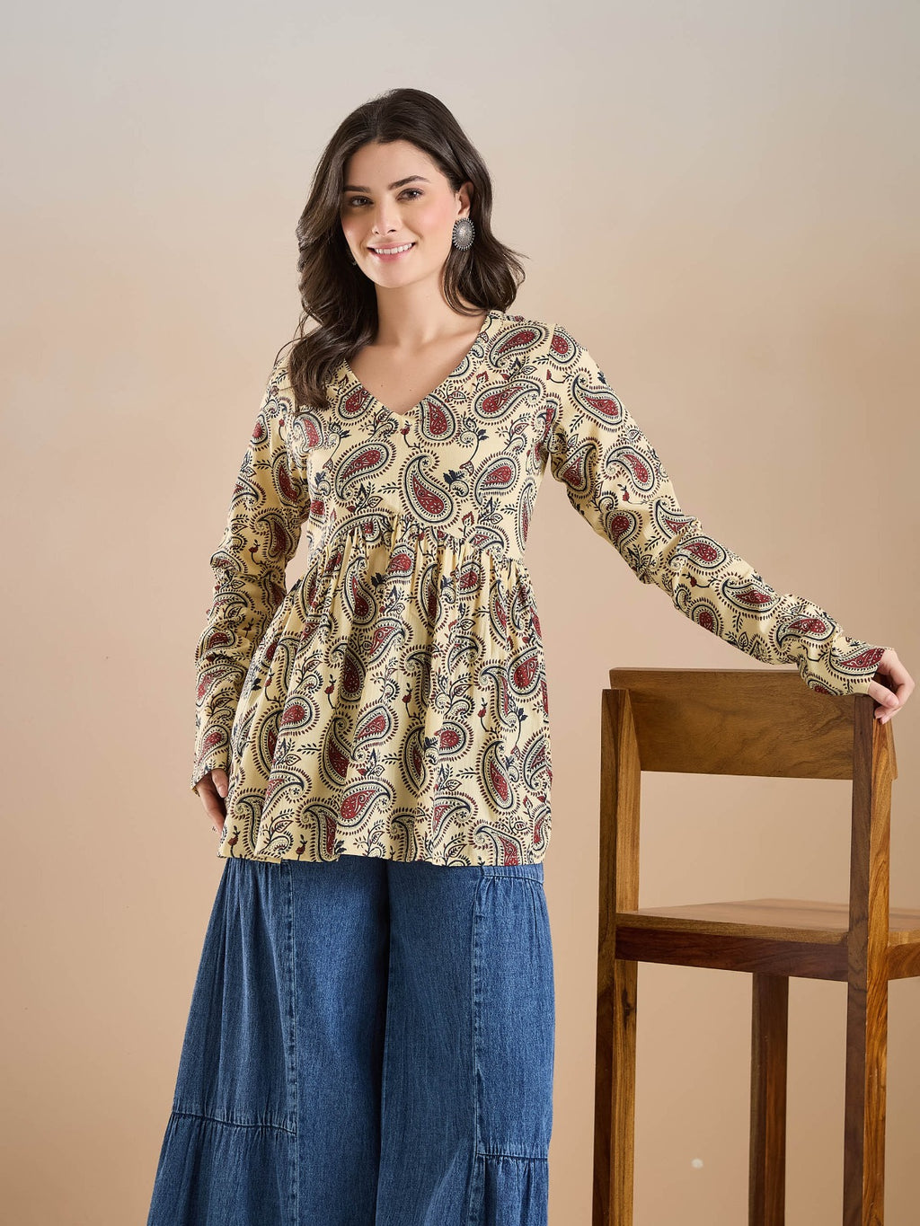 Paisley Print Pure Cotton Peplum Fit Cream Top
