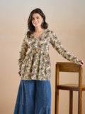Paisley Print Pure Cotton Peplum Fit Cream Top