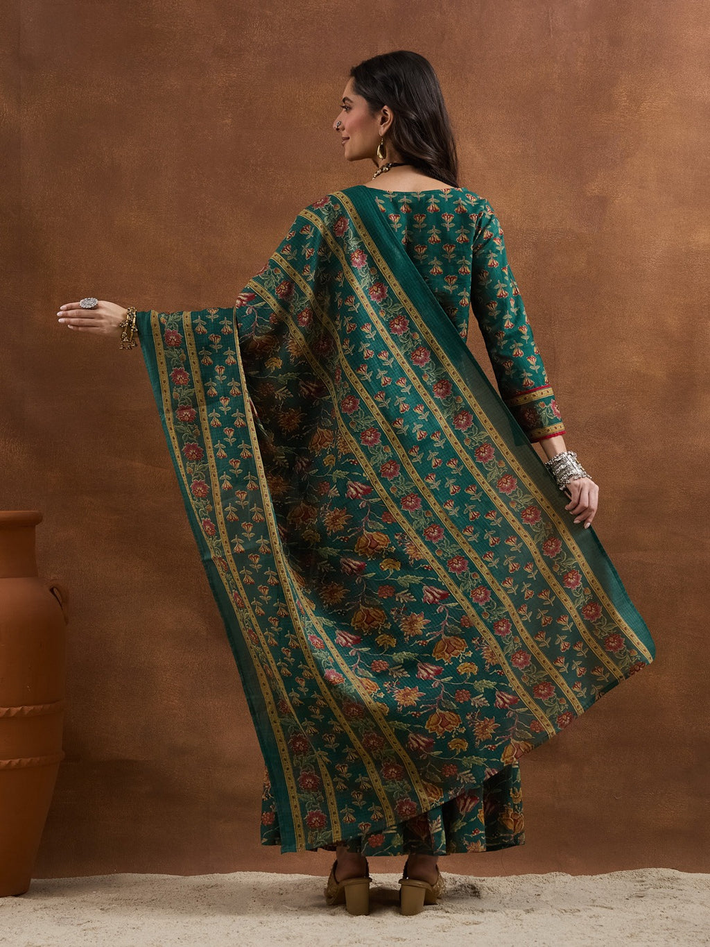 Green Floral Printed Cotton Straight Kurti Skirt & Dupatta Set