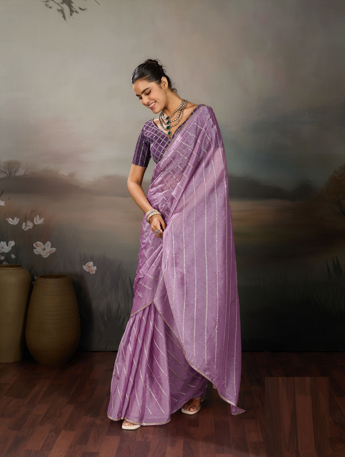 Grainy Moss Chiffon Saree with Cutdana Border & Heavy Embroidered Blouse