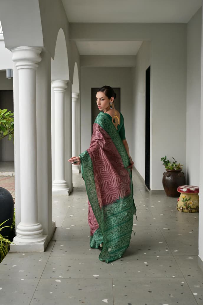 Soft Desi Tussar Silk Saree with Traditional Ikkat Pallu & Tassels