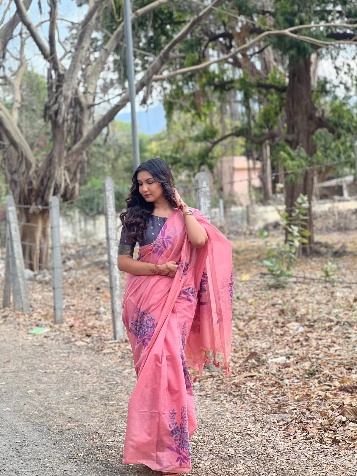 Premium Soft Muga Silk Saree with All-Over Floral Weaving & Contrast Blouse