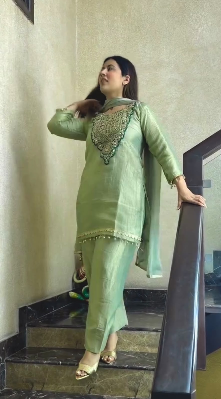 Pure Tissue Salsa Sequence Embroidered 3-Piece Kurti Set with Plazo & Dupatta