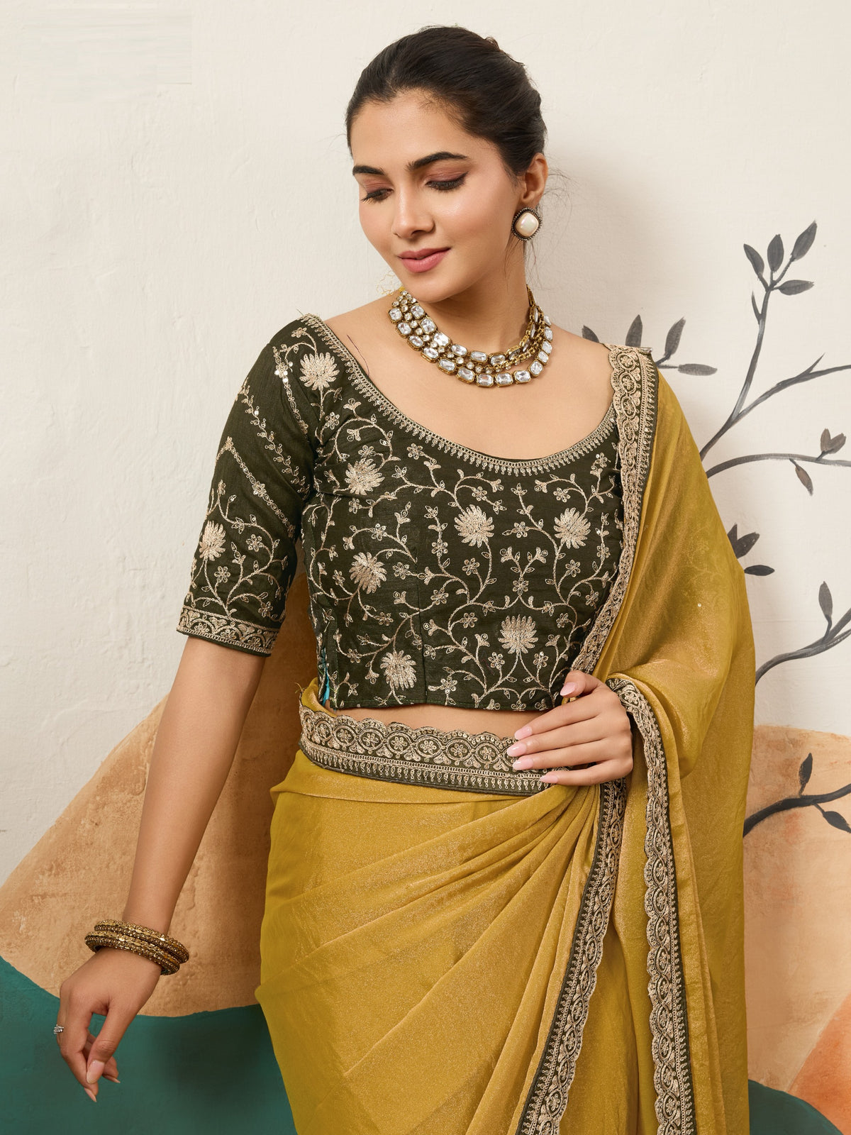 Designer Border Moss Saree & Sequined Silk Blouse