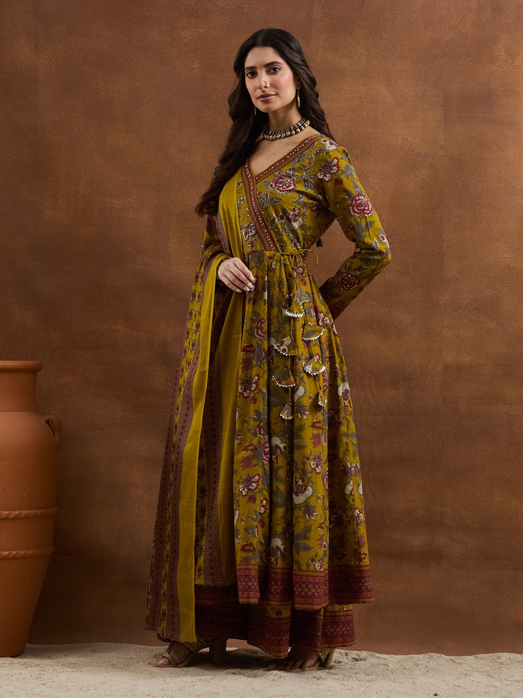 Elegant Mustard Yellow Floral Cotton Anarkali Set with Latkans & Dupatta