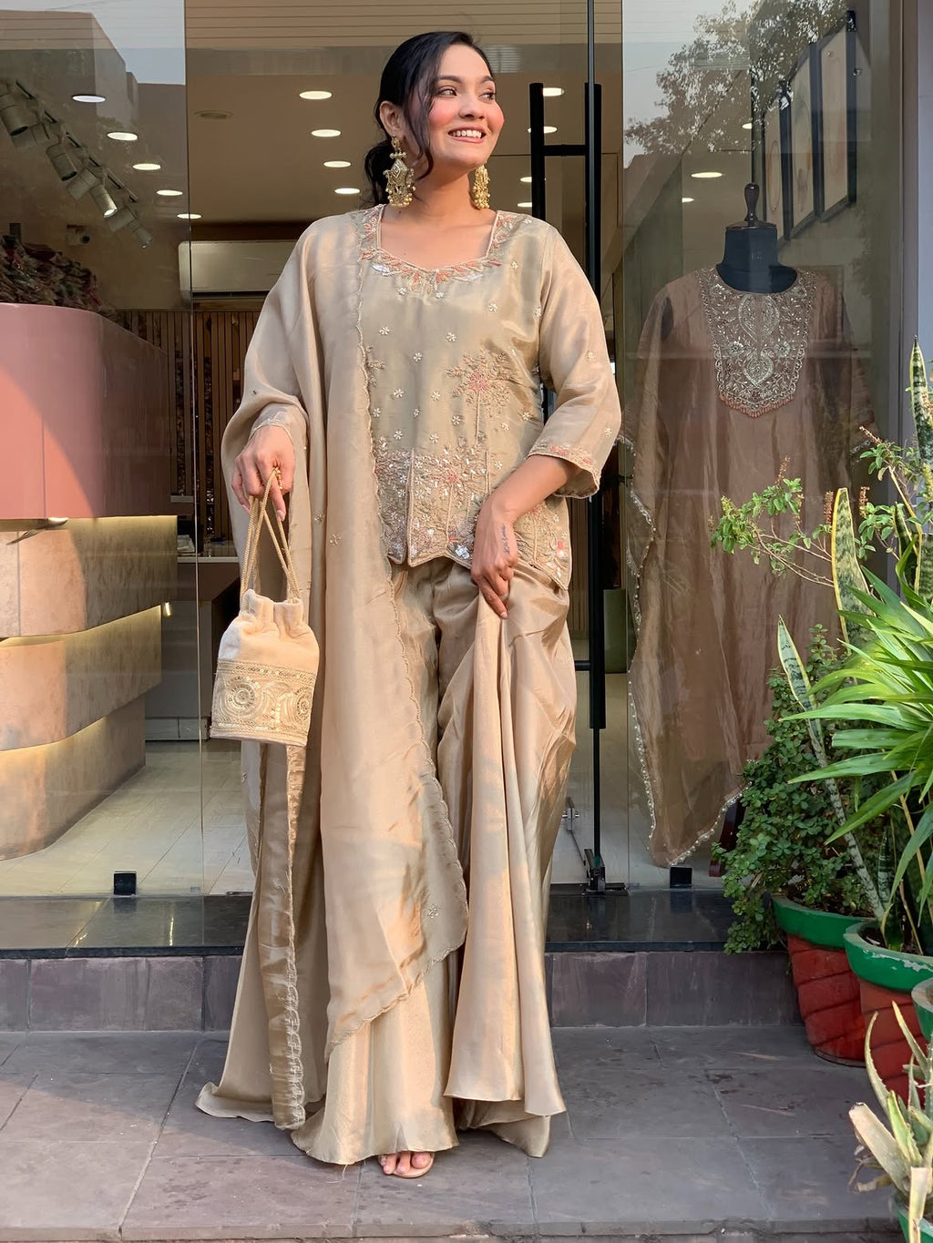 Champagne Gold Shimmer Silk Sharara Set | Hand-Embroidered Festive Suit