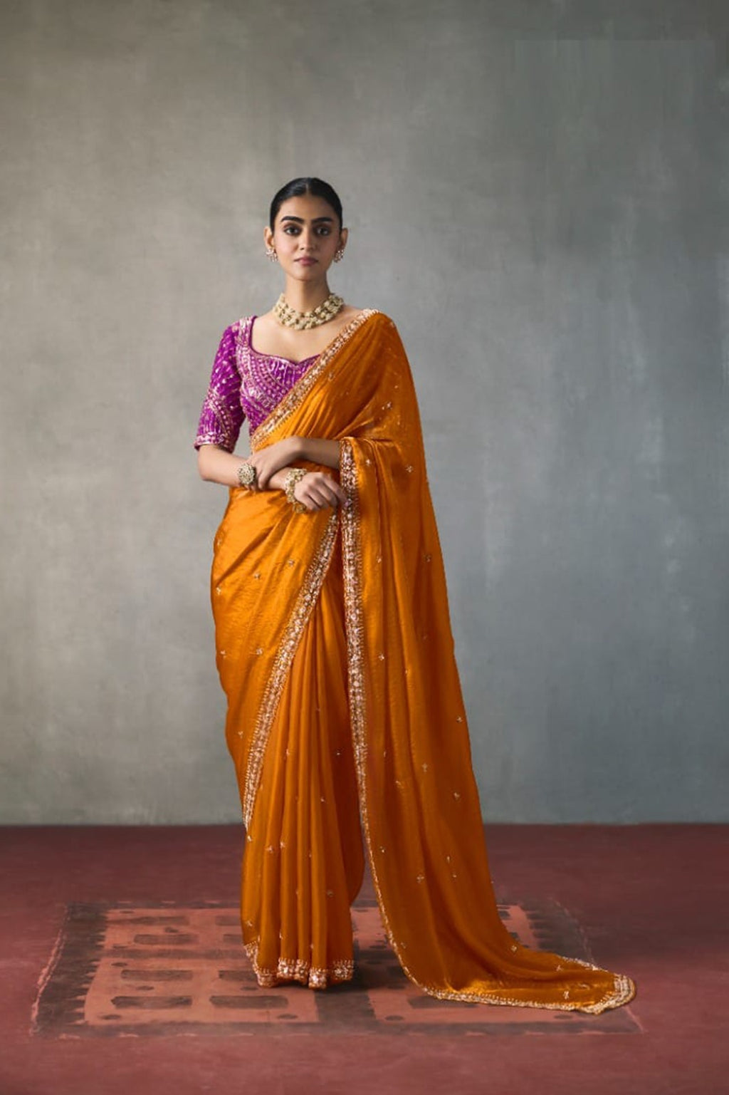 Embellished Sheer Silk Saree with Heavy Contrast Work Blouse