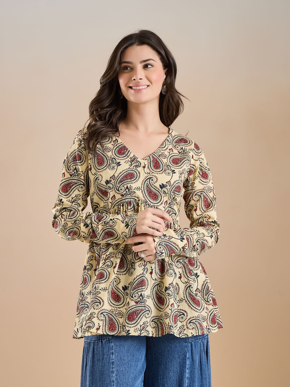 Paisley Print Pure Cotton Peplum Fit Cream Top