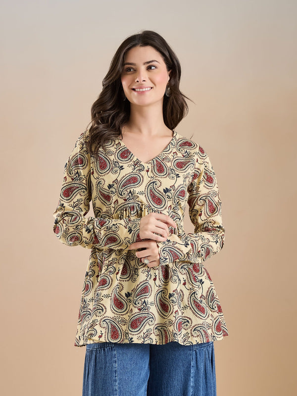 Paisley Print Pure Cotton Peplum Fit Cream Top