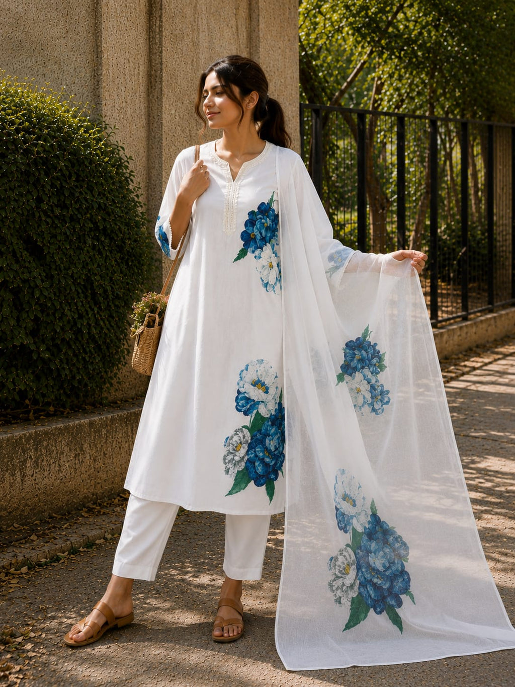 Off-White Lilan Cotton Suit Set | Multi-Color Printed 3-Piece Suit