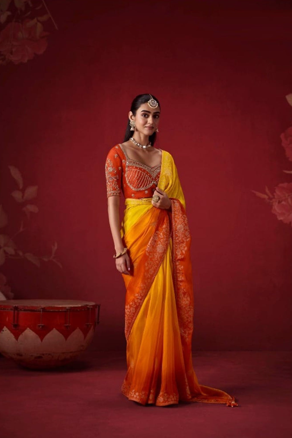 Ombré Dola Crape Silk Saree with Handcrafted Kundan Blouse