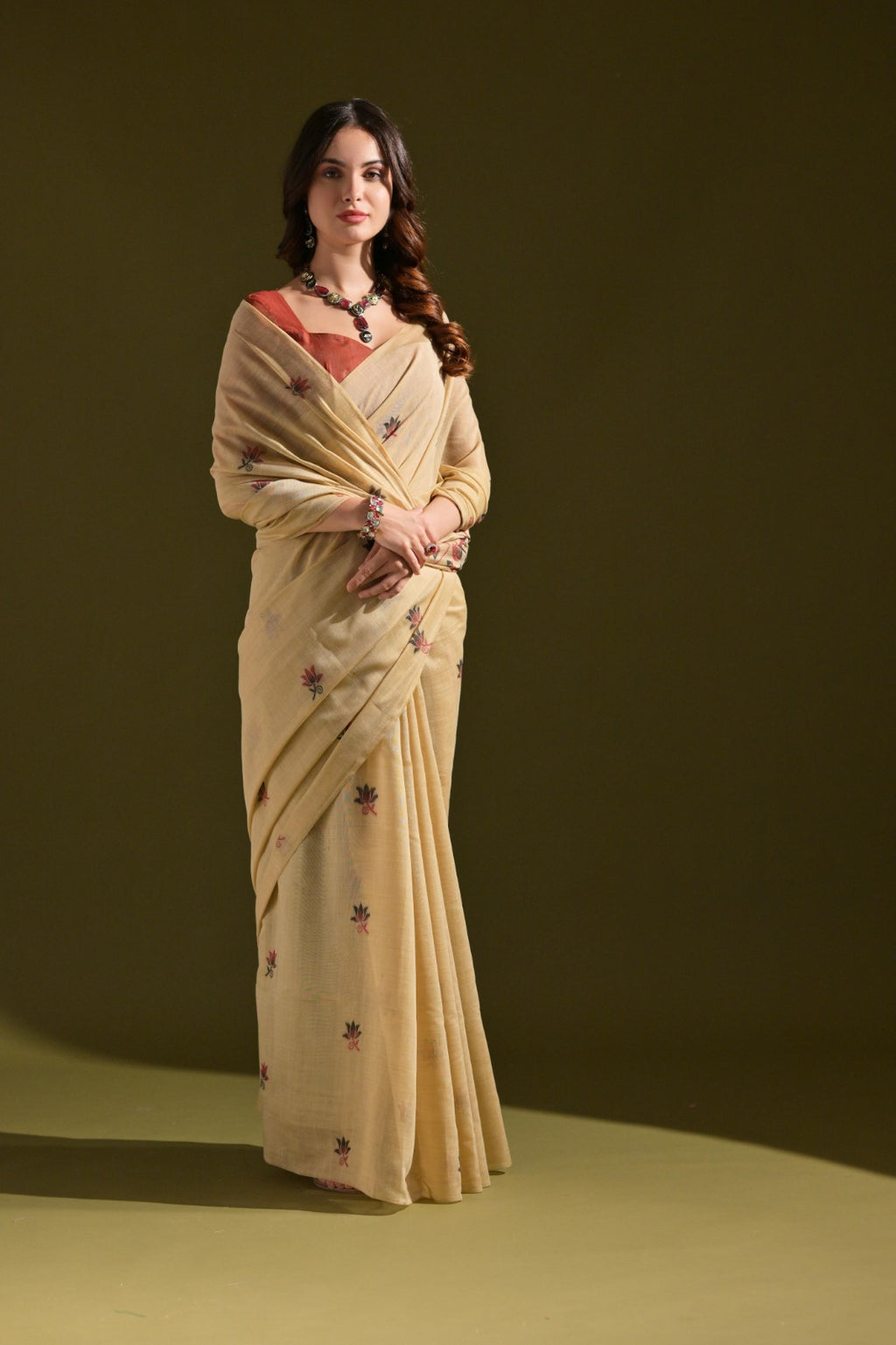 Designer Muga Cotton Saree – Intricate Resham Weave & Pichwai Inspired Motif