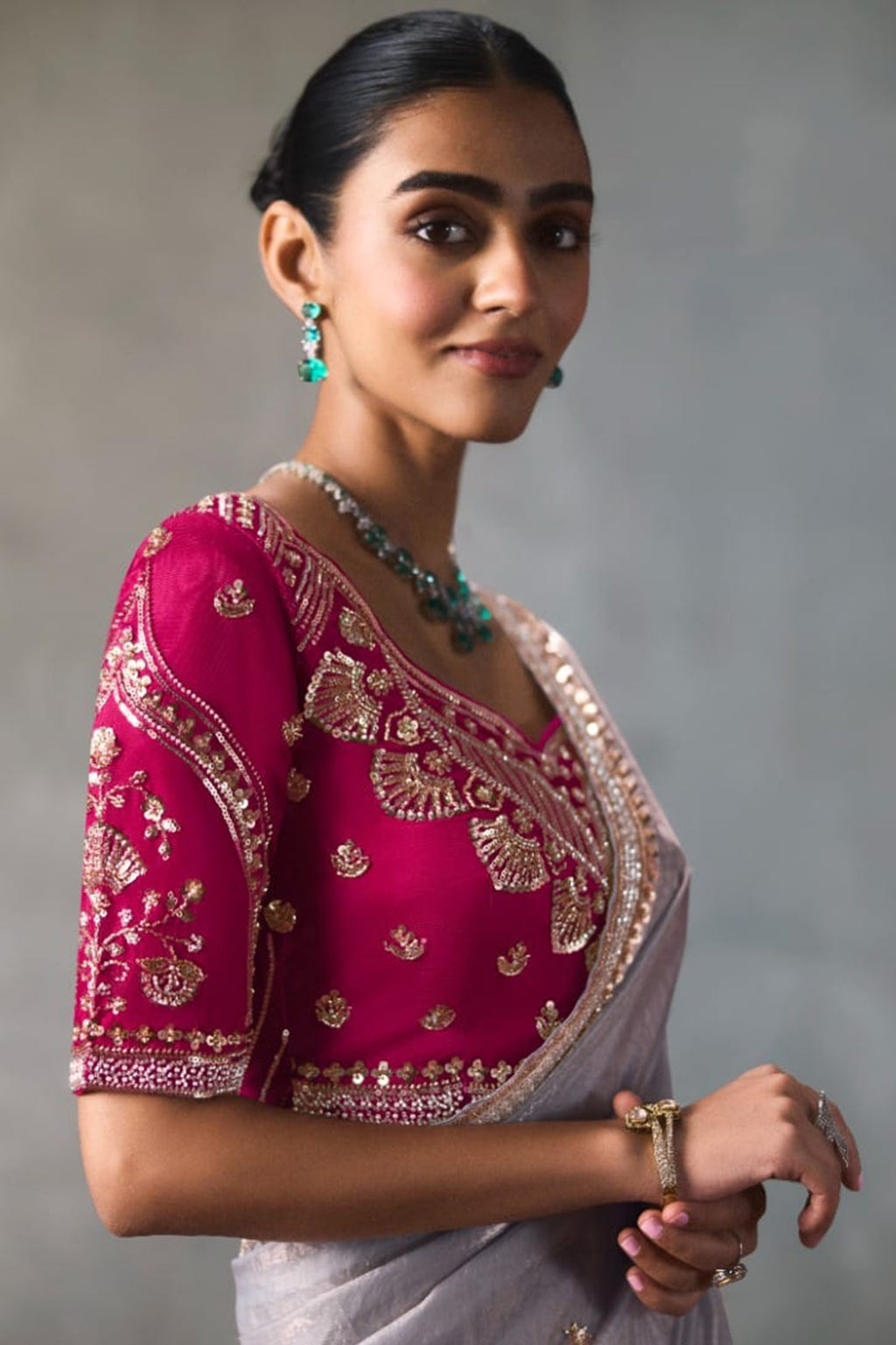 Embellished Sheer Silk Saree with Heavy Contrast Work Blouse