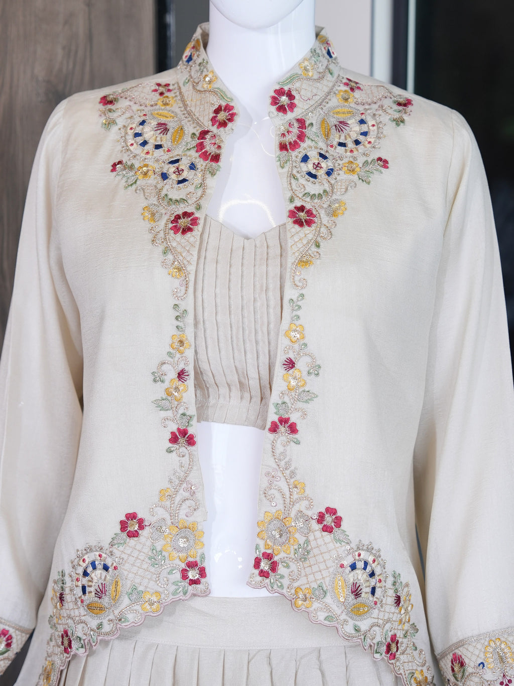 Festive Fusion Opulence: Premium Zazu Silk Embroidered Jacket Lehenga Set with 3-Meter Flair