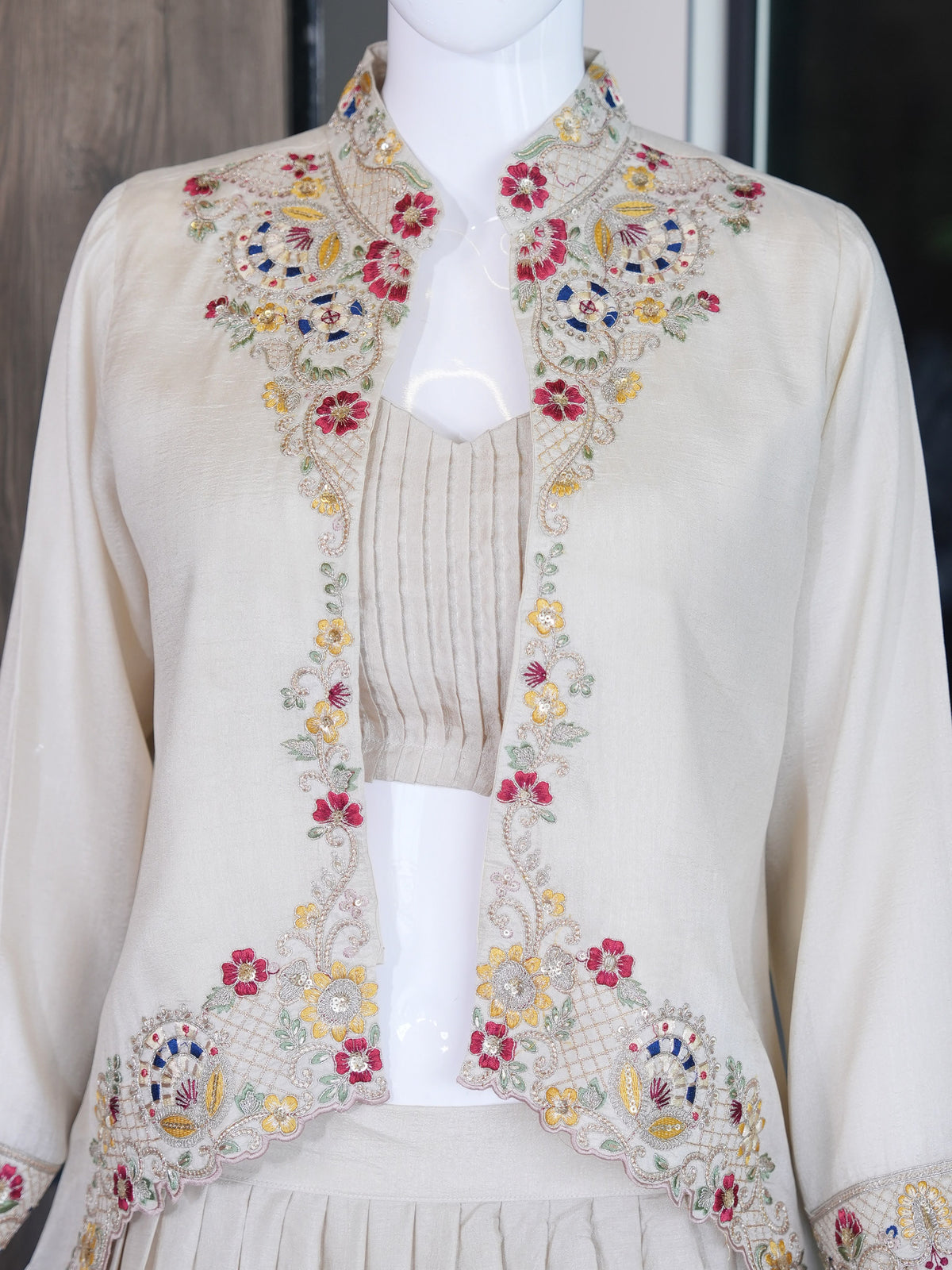 Festive Fusion Opulence: Premium Zazu Silk Embroidered Jacket Lehenga Set with 3-Meter Flair