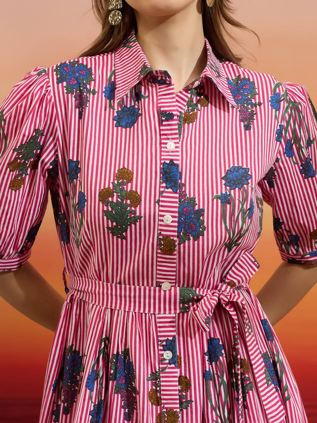 Pink Floral & Striped Pure Cotton Shirt Dress with Belt & Pockets