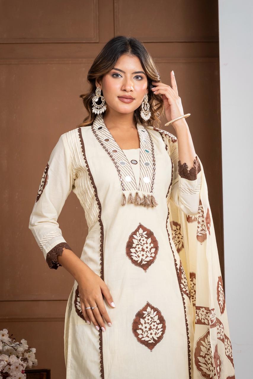 Premium Mal Cotton Floral Printed Suit Set with Embroidered Neckline & Lace Accents