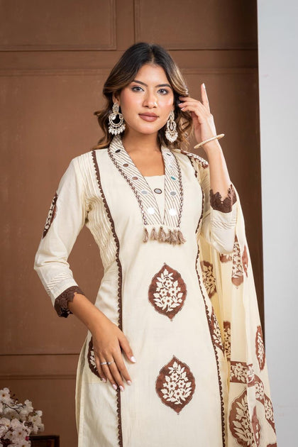 Premium Mal Cotton Floral Printed Suit Set with Embroidered Neckline & Lace Accents