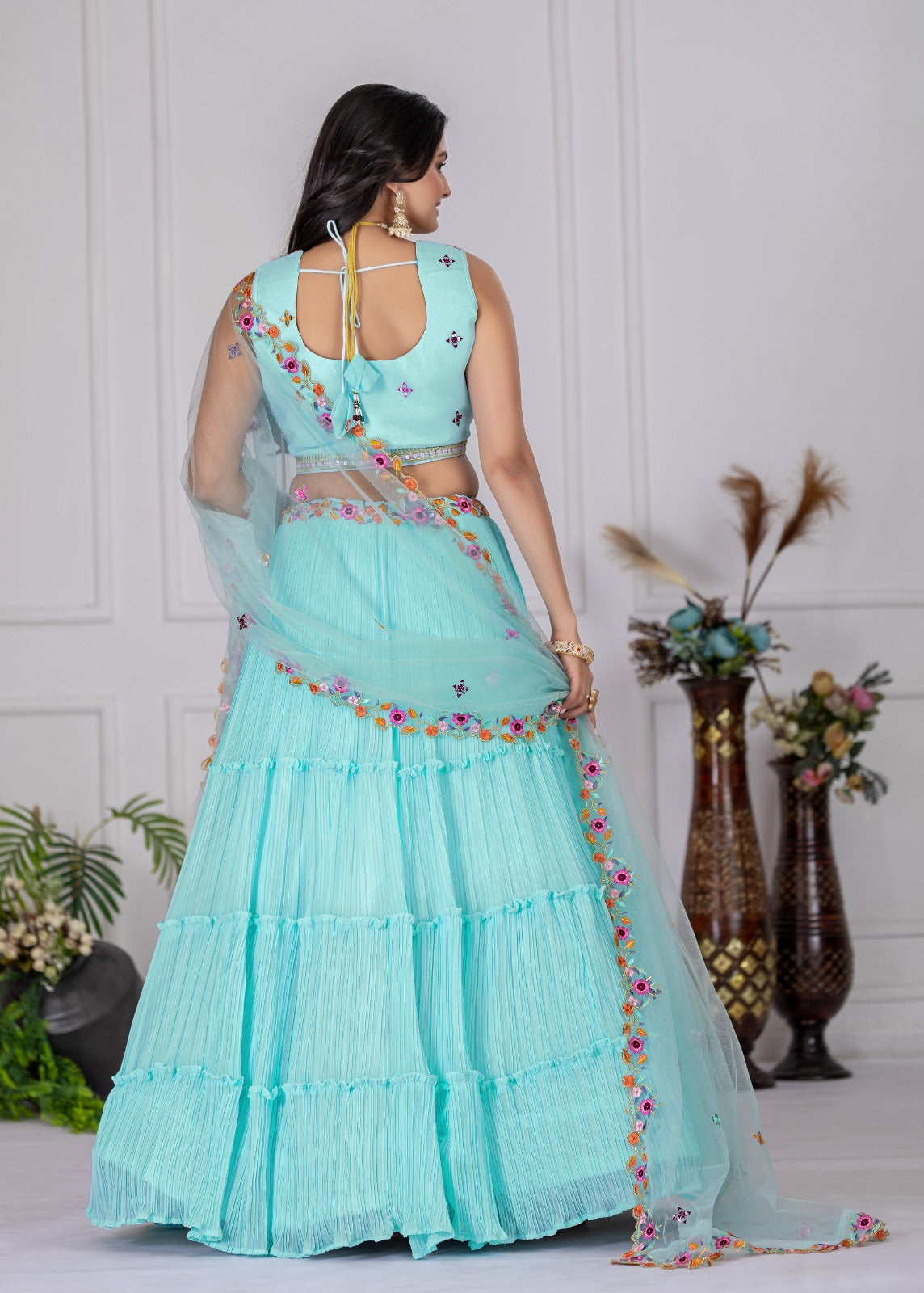 Georgette Pleated Lehenga Set with Embroidered Blouse | Festive Wear