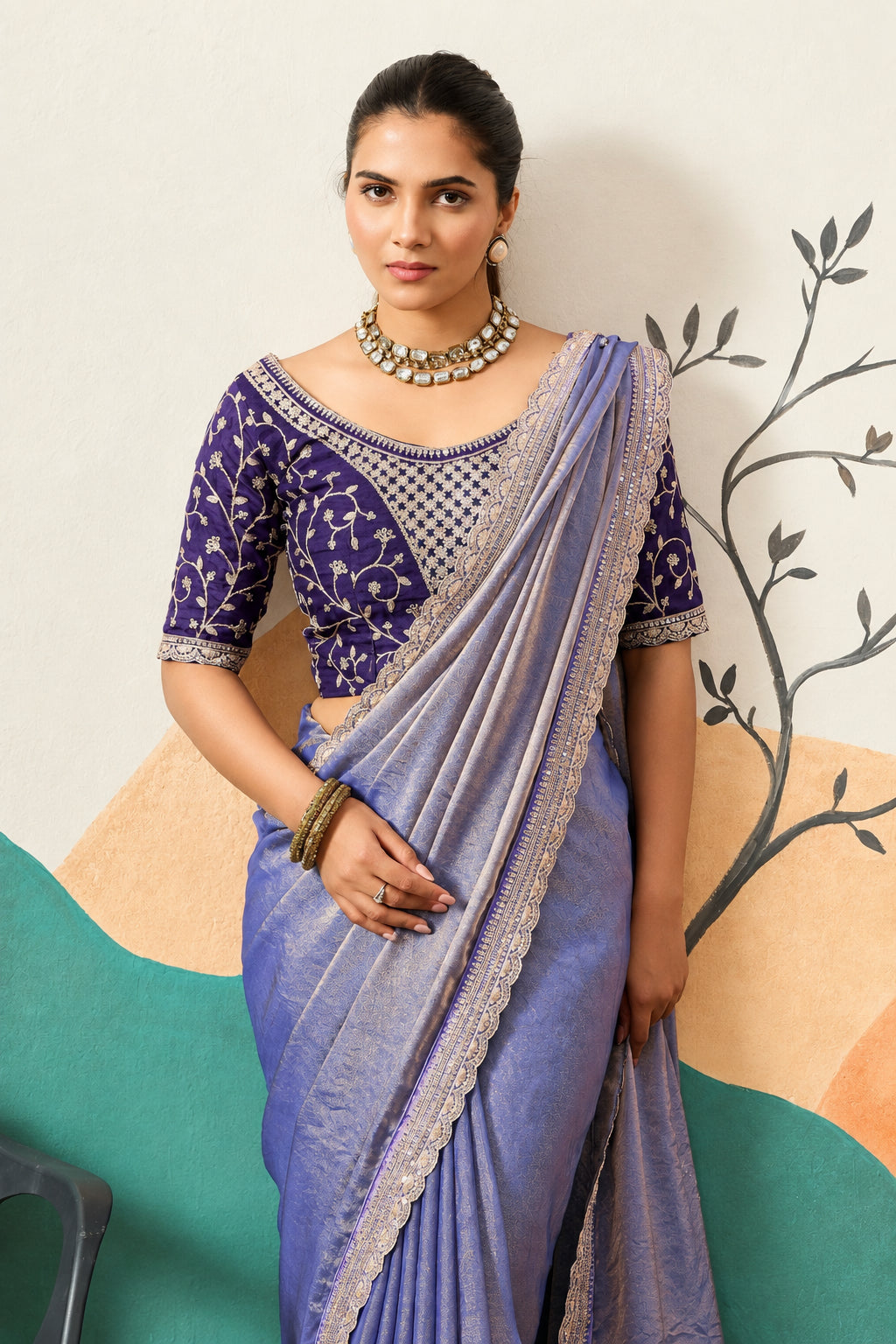 Designer Border Moss Saree & Sequined Silk Blouse