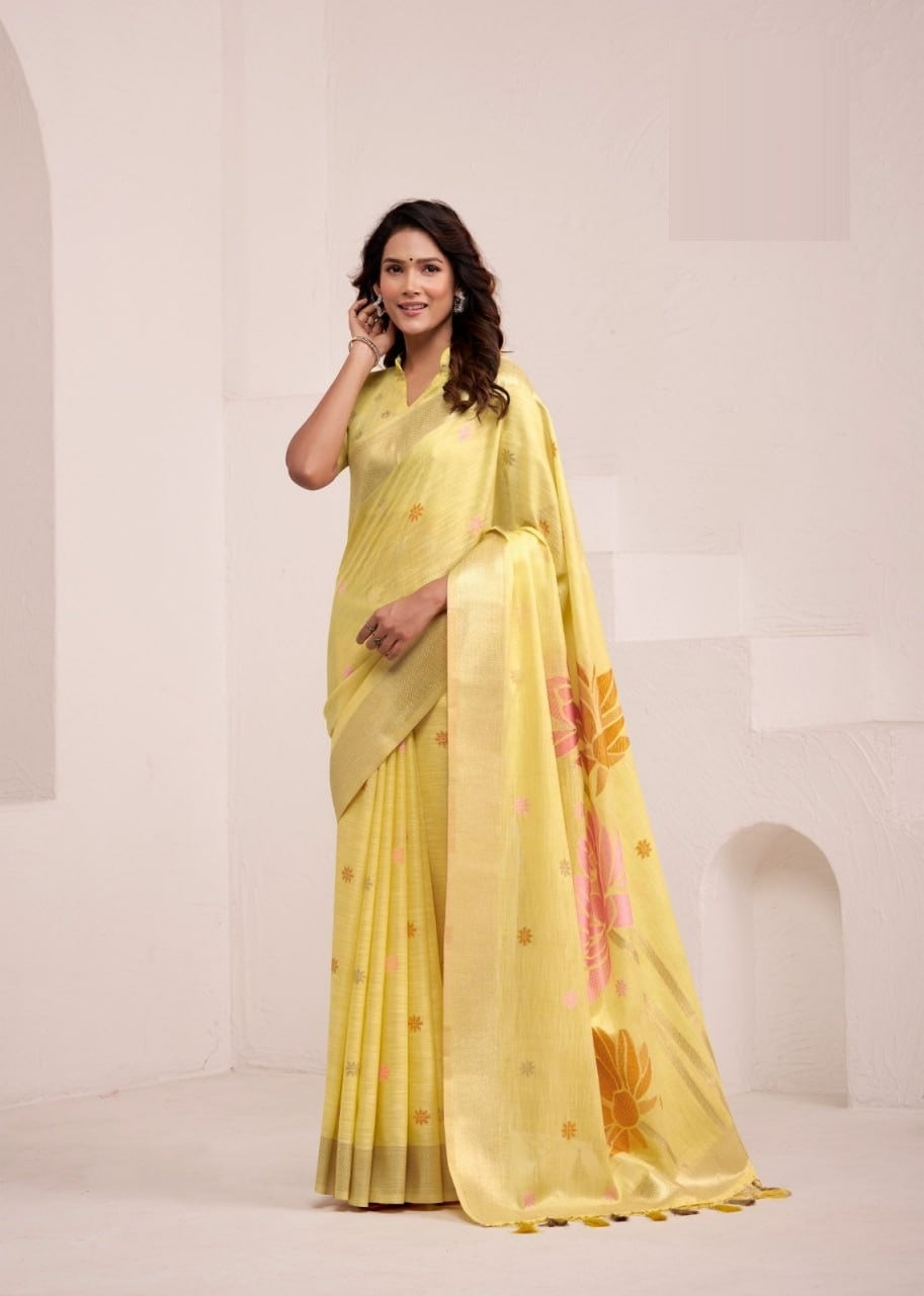 Dynamic Silk: Soft Linen Saree with Rich Jacquard Pallu & Matching Blouse Piece