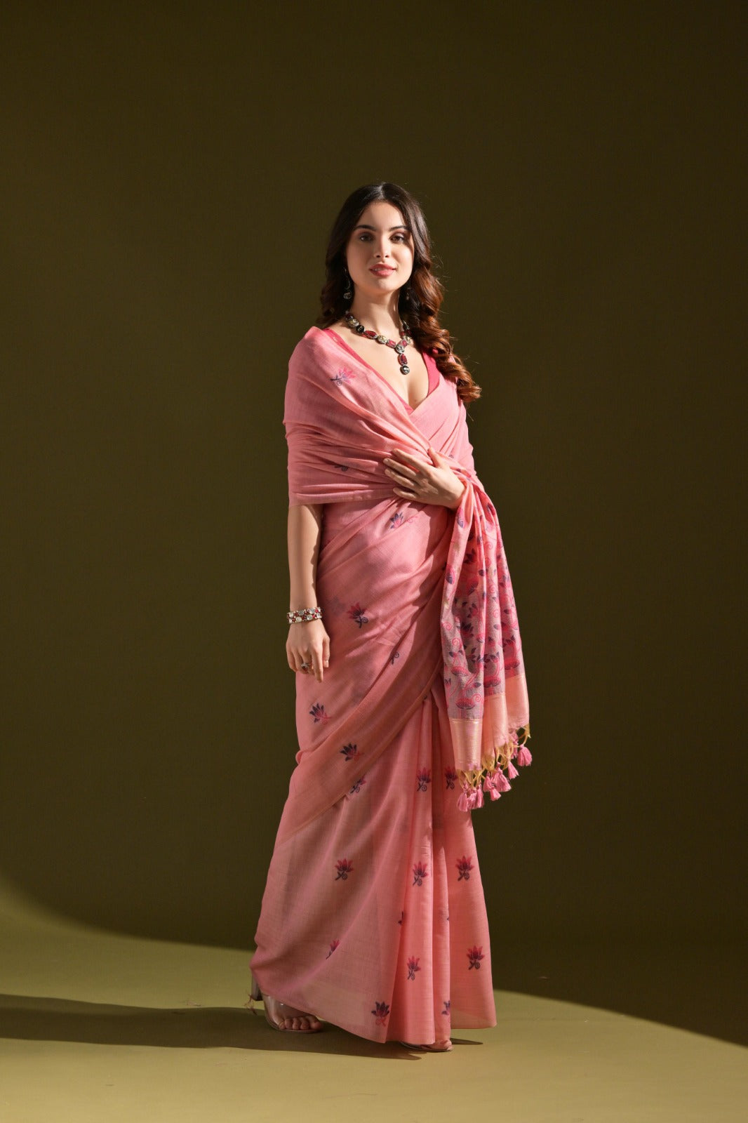 Designer Muga Cotton Saree – Intricate Resham Weave & Pichwai Inspired Motif