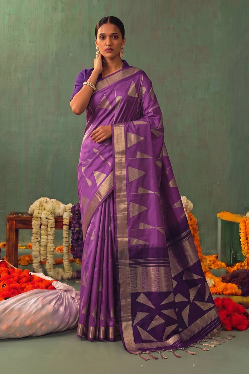 Opulent Radiance: Silk Blend Zari Saree with Contrast Border & Designer Pallu