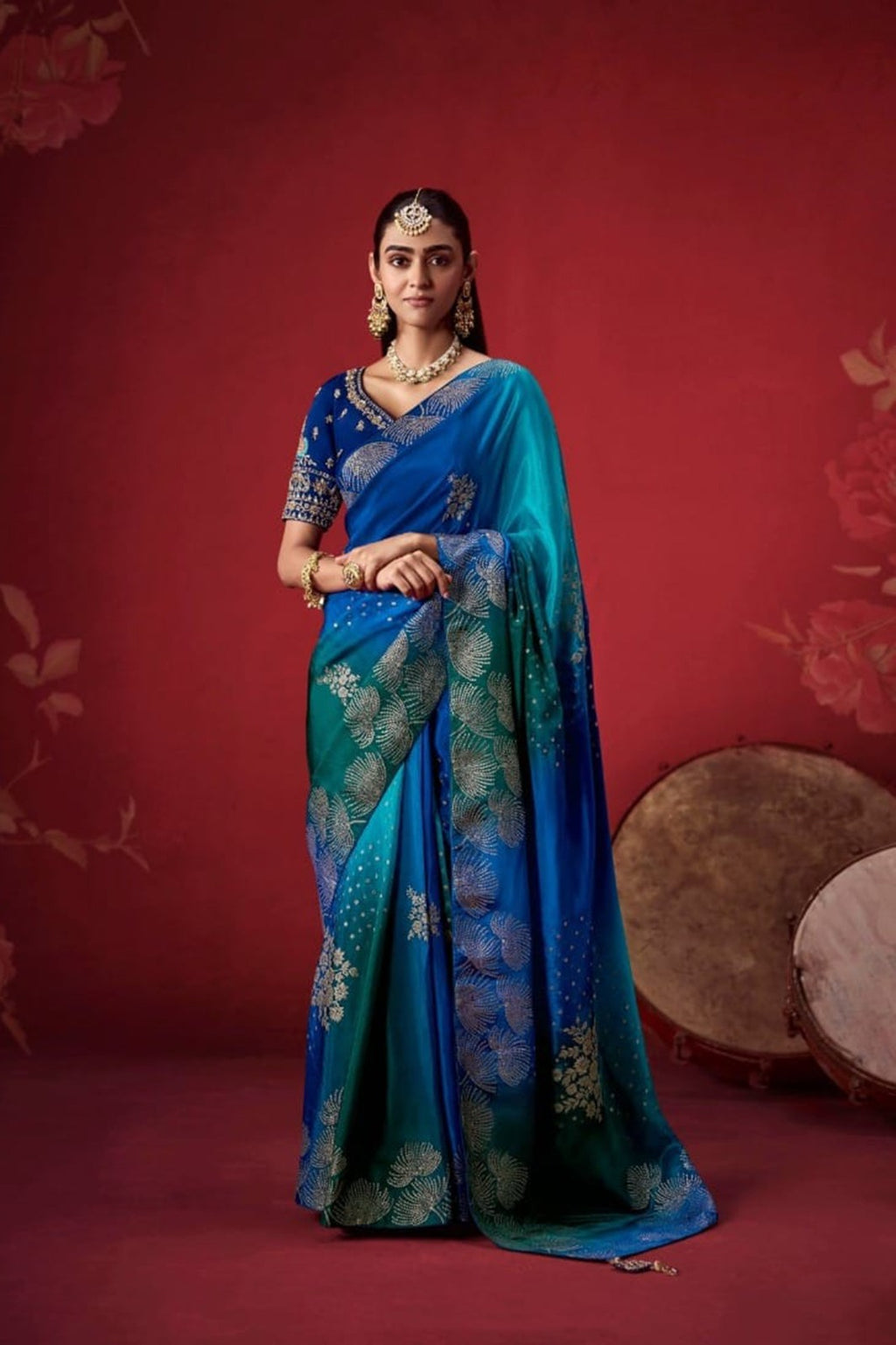 Ombré Dola Crape Silk Saree with Handcrafted Kundan Blouse