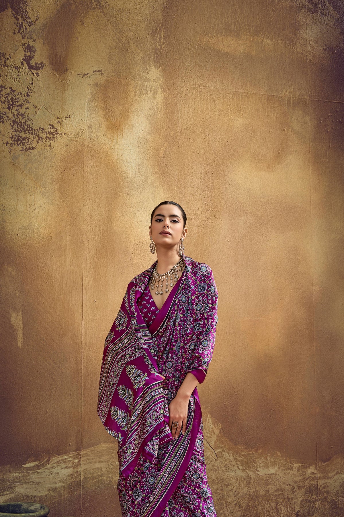 Ajrakh Printed Modal Satin Sarees with Matching Blouse