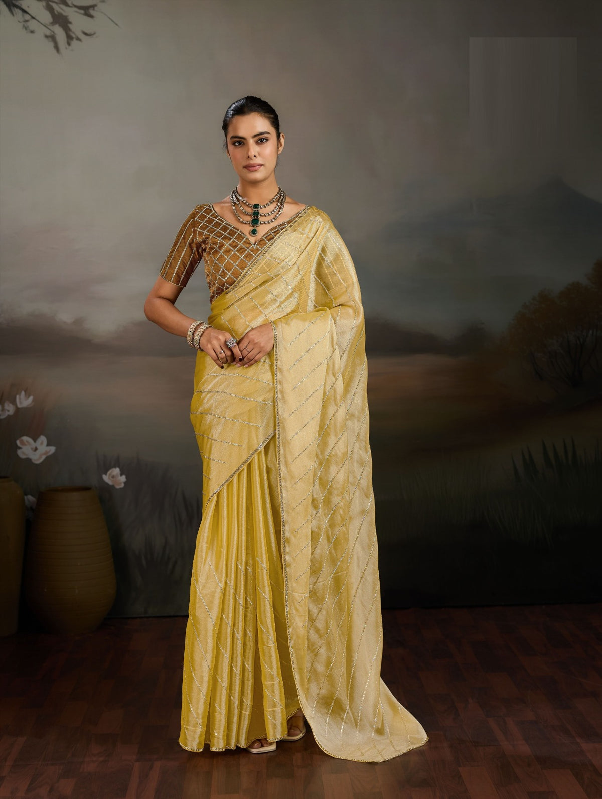 Grainy Moss Chiffon Saree with Cutdana Border & Heavy Embroidered Blouse