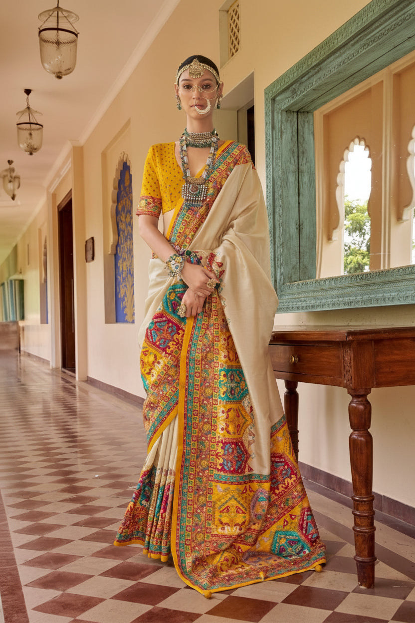 Mercerized Sigma Silk Saree | Classic Position Print in Tussar Color