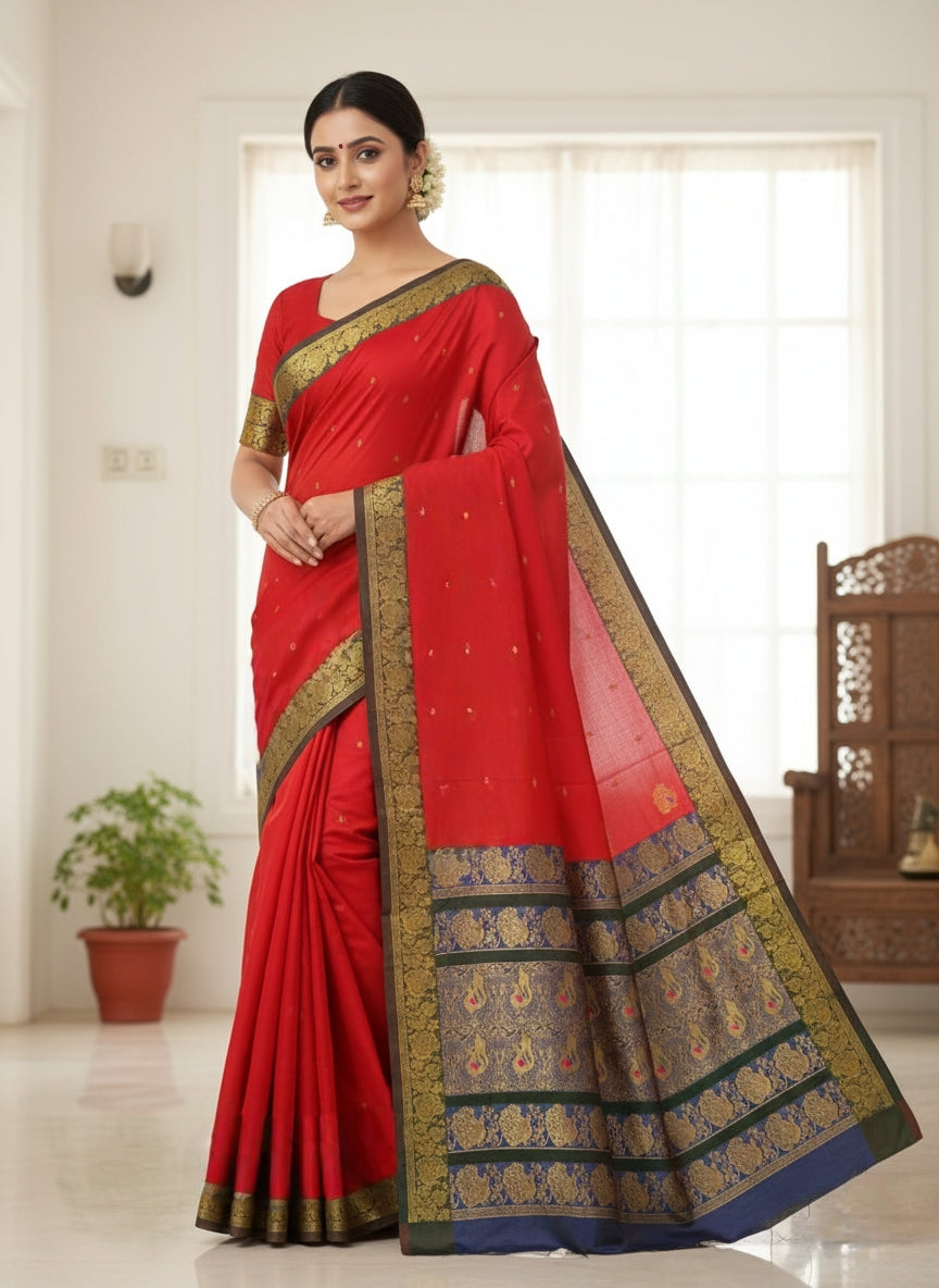 Peshwai Paithani Silk Saree with All-Over Zari Butta & Contrast Blouse