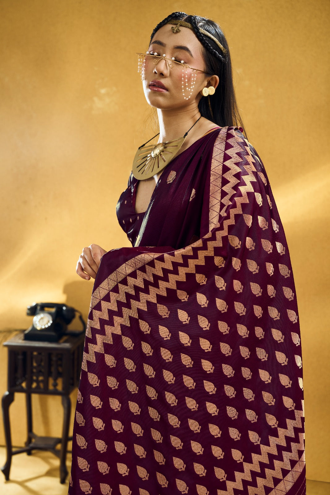 Premium Handloom Satin Silk Saree with Zari Motifs & Chevron Pallu
