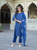 Elegant Blue Sequined Cotton Kurta Set with Kota Doria Dupatta