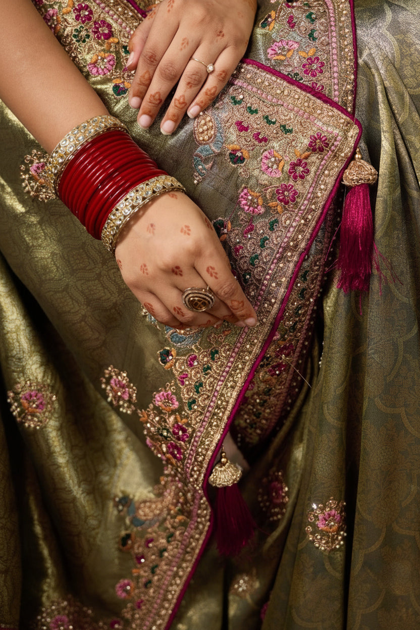 Designer Banarasi Silk Jacquard Saree with Zarkan & Pearl Handwork with Contrast Blouse