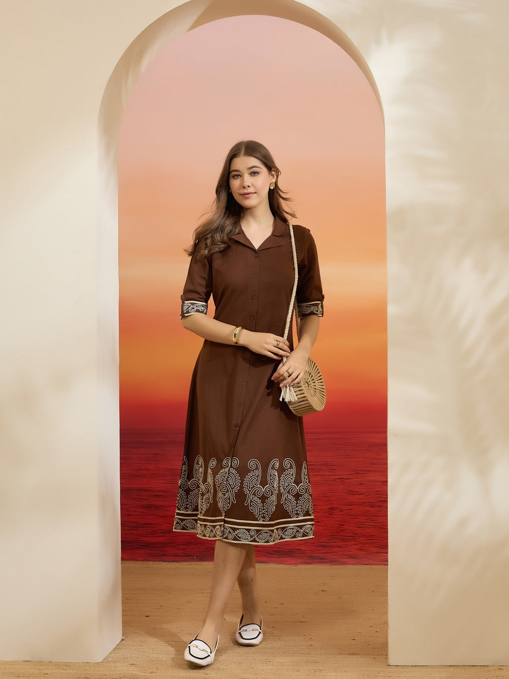 Brown Embroidered Cotton Flex Dress with Collared Neck & Front Buttons