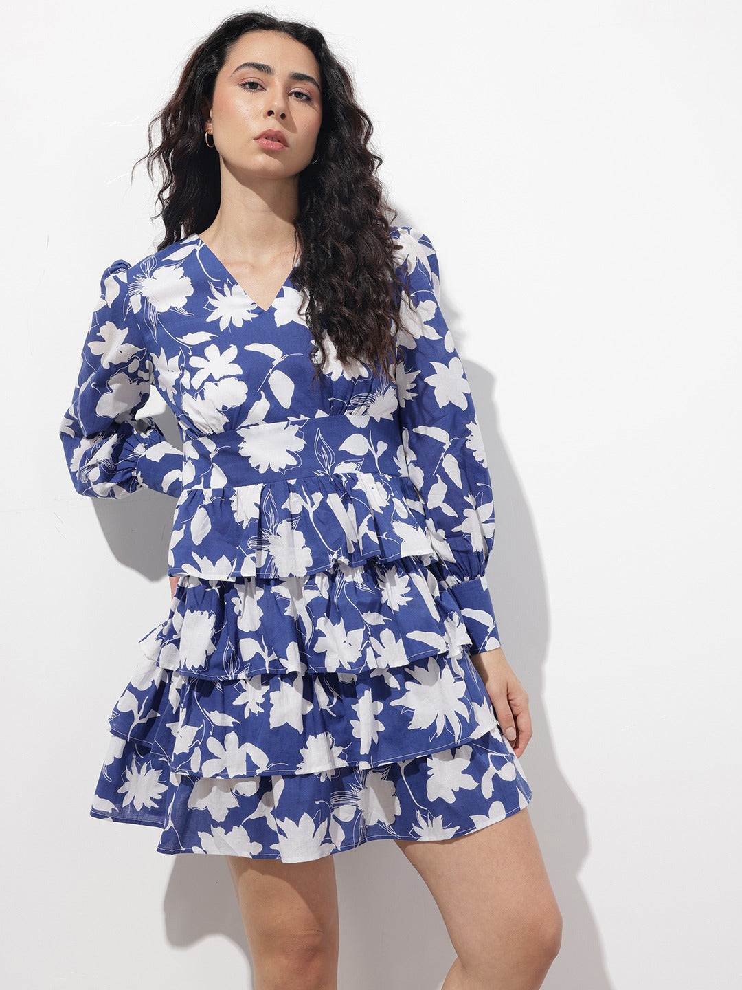 Long Sleeve Blue V-Neck Cotton Midi Dress