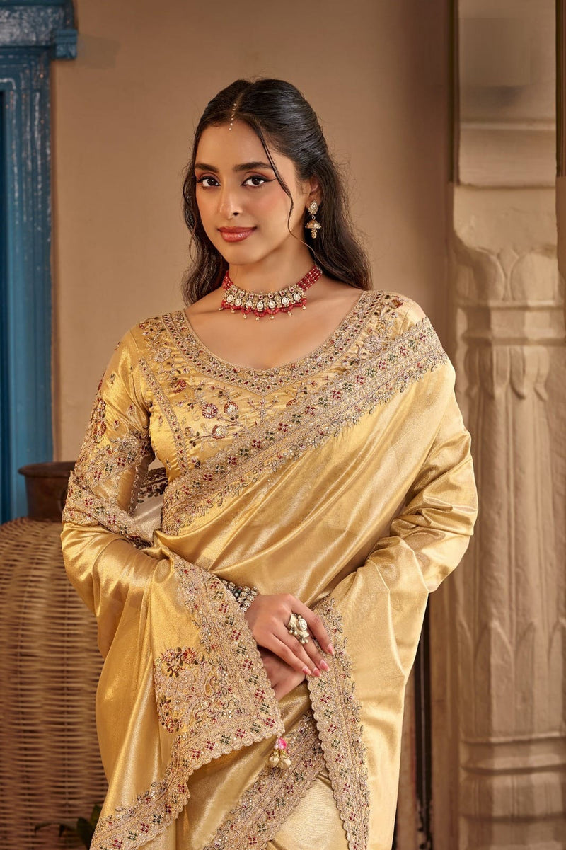 Designer festive silk suit set featuring handcrafted embroidery and organza dupatta