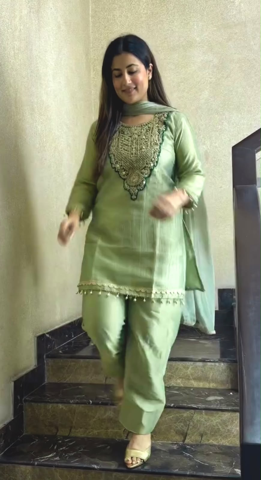 Pure Tissue Salsa Sequence Embroidered 3-Piece Kurti Set with Plazo & Dupatta