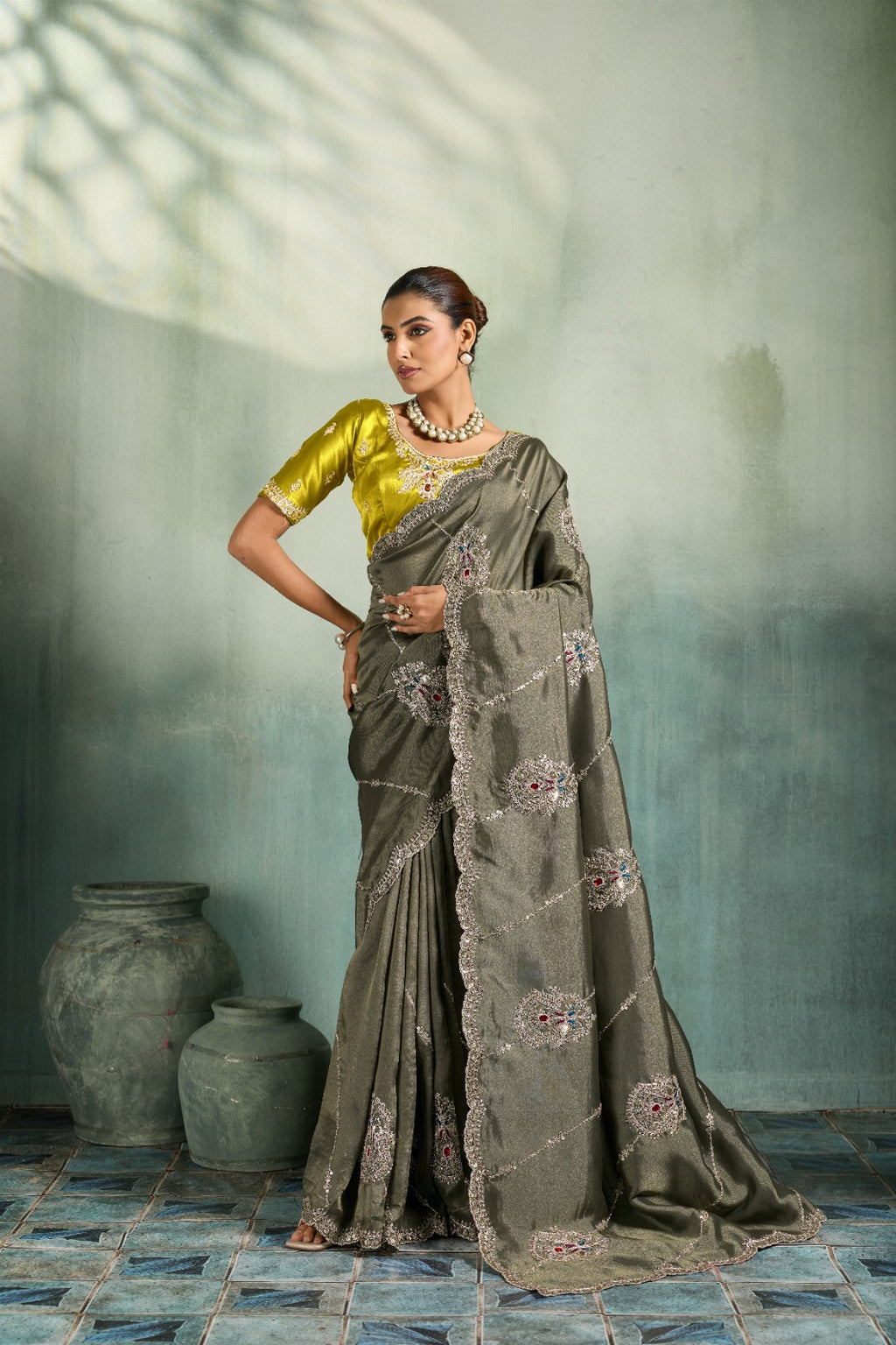 Premium Self-Stripe Giraffe Saree with Handcrafted Butta & Contrast Satin Blouse