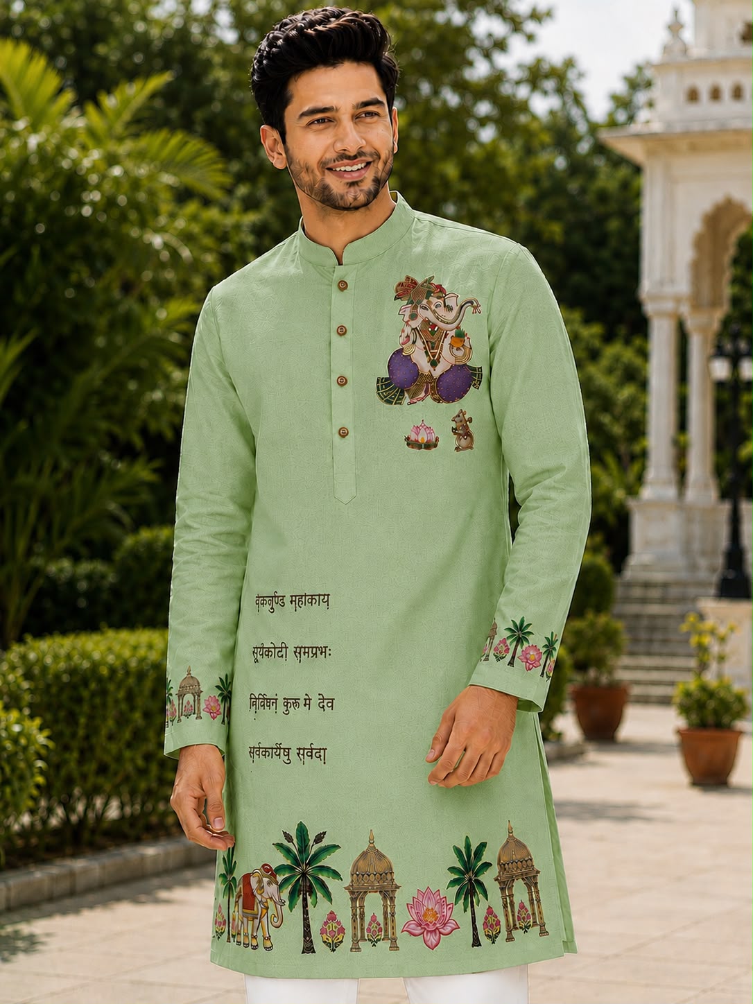 Man wearing a light green ethnic kurta with Lord Ganesha embroidery and Sanskrit text.