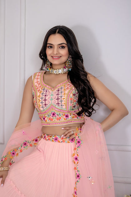 Georgette Pleated Lehenga Set with Embroidered Blouse | Festive Wear