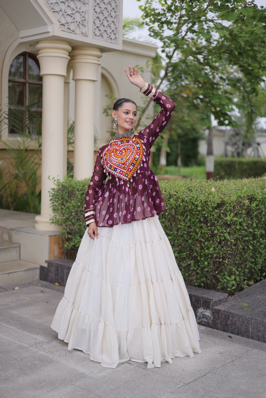 Kutchi Gamthi Patchwork Bandhani Top with Tiered Kora Cotton Lehenga