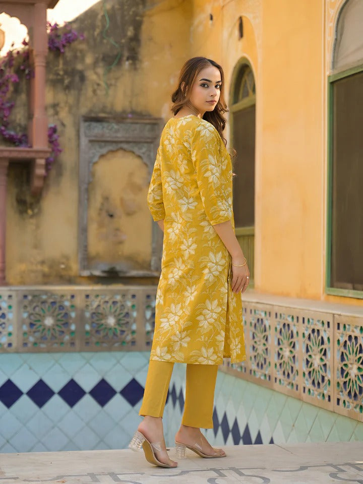 Mustard Floral Print Cotton Straight fit Kurta Pant with Dupatta
