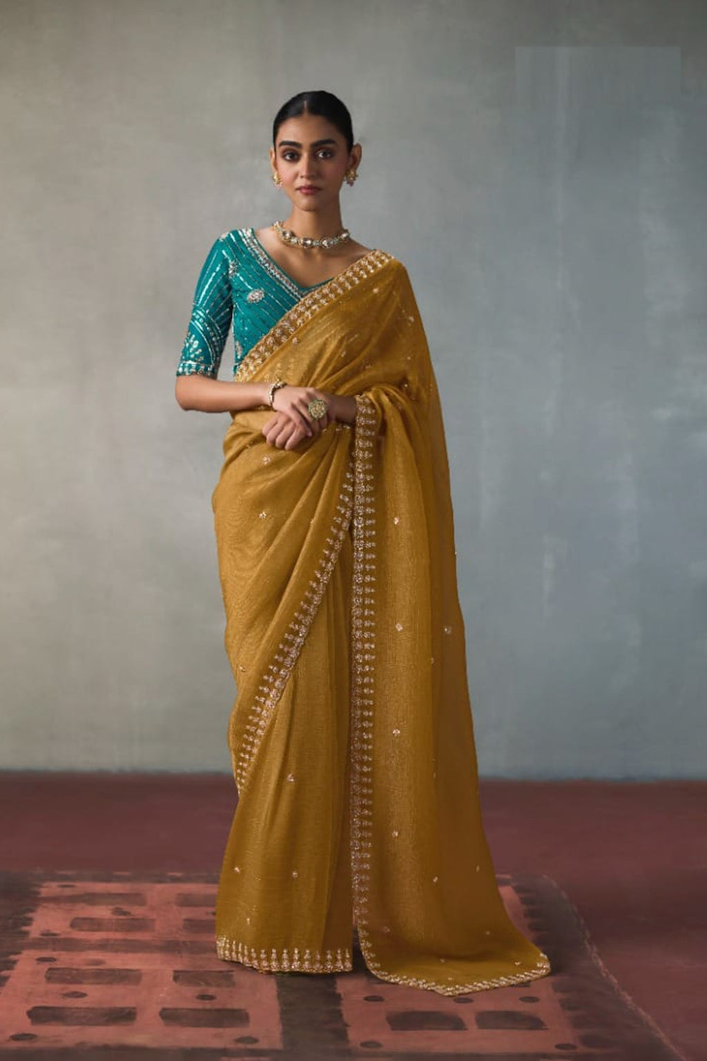 Embellished Sheer Silk Saree with Heavy Contrast Work Blouse
