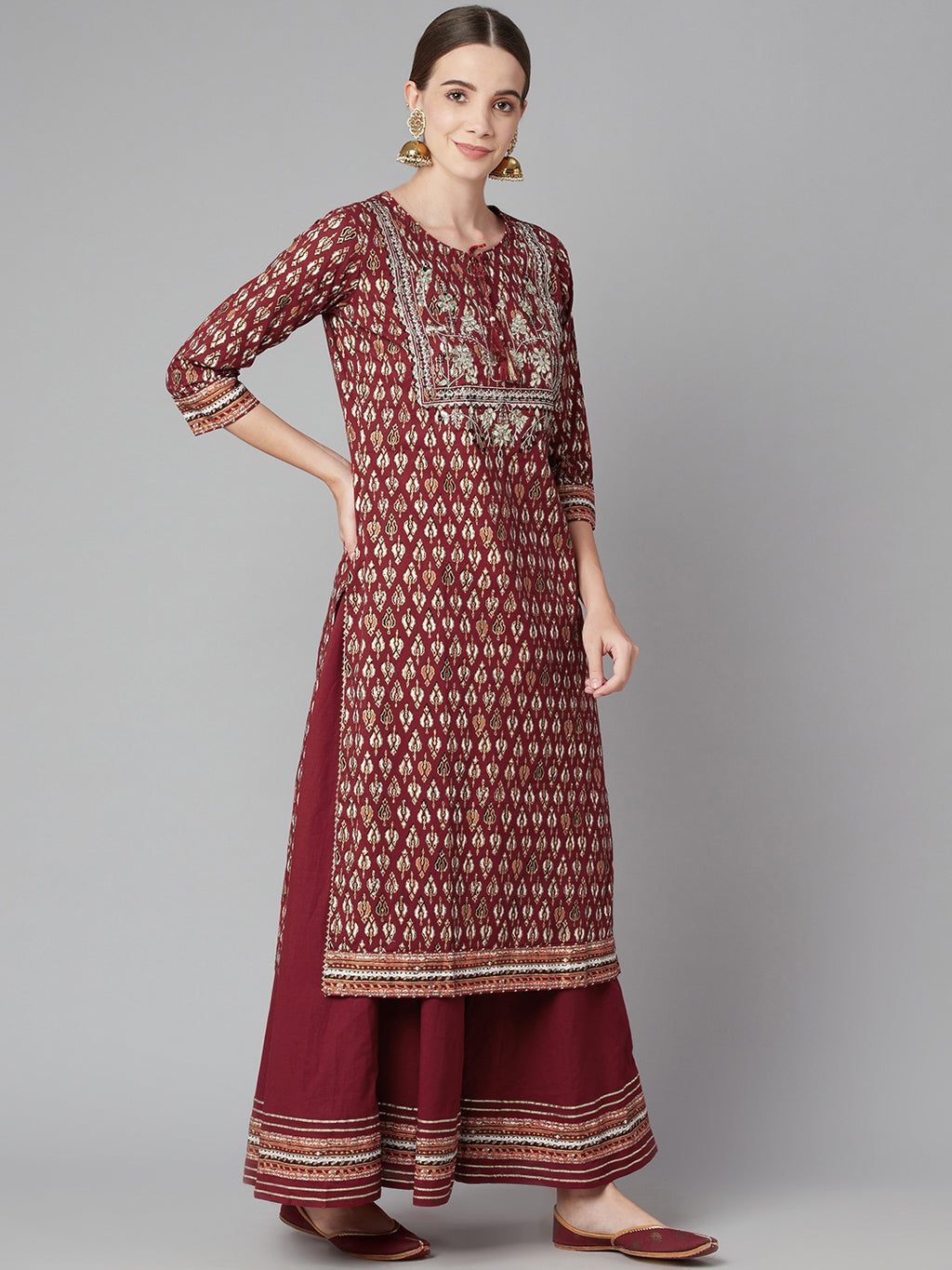Maroon Gotta Patti Cotton Straight Kurta Palazzo Set with Sheer Net Dupatta