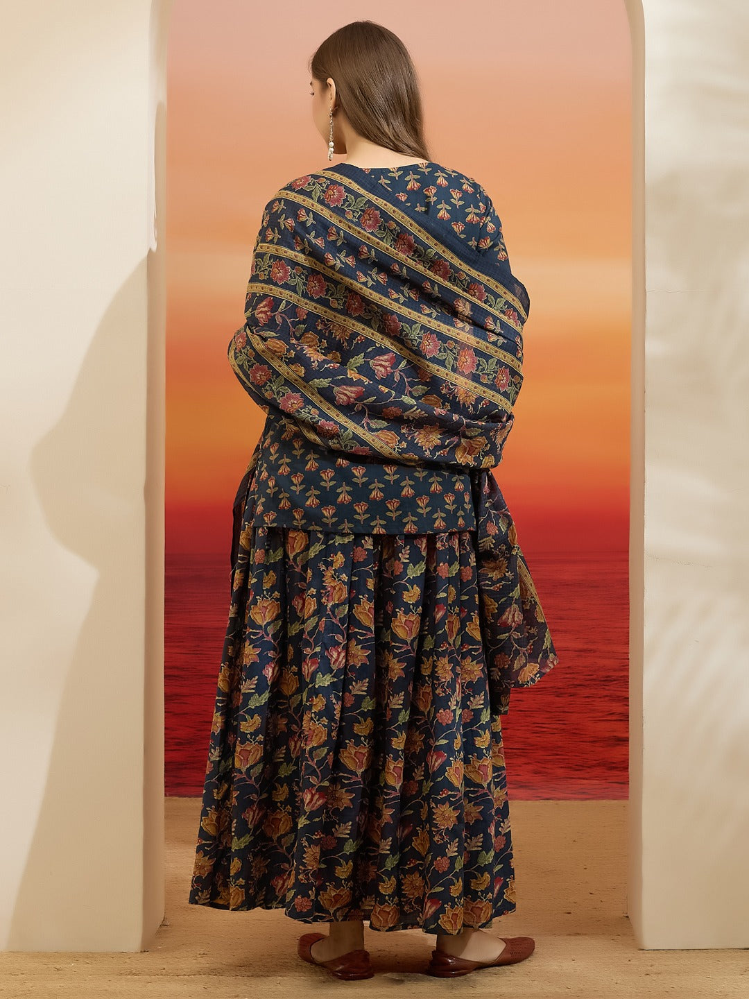 Floral & Botanical Printed Blue Cotton 3-Piece Kurti Skirt Dupatta Set