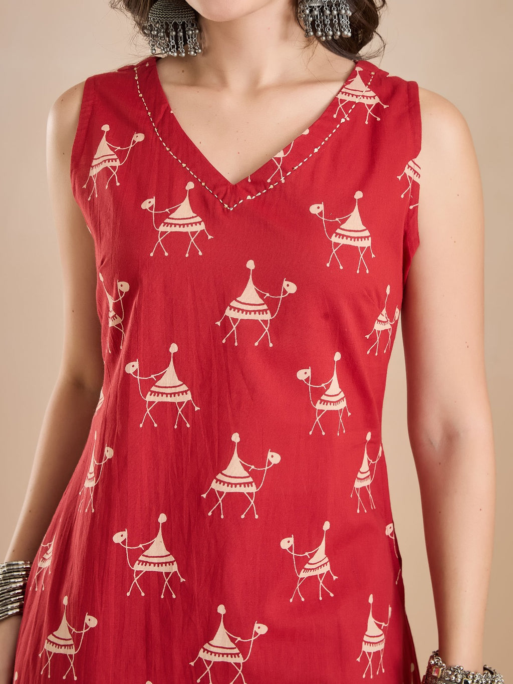Women Animal Print Pure Cotton Red A-Line Kurti with Pants
