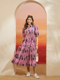 Pink Floral & Striped Pure Cotton Shirt Dress with Belt & Pockets